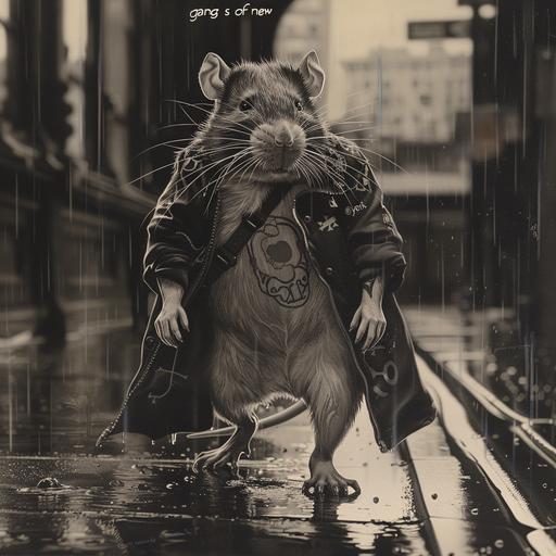 a white and proud rat with a tribal b&w Tattoo depicting Gilgamesh walking the wet streets of New York, in the style of 
