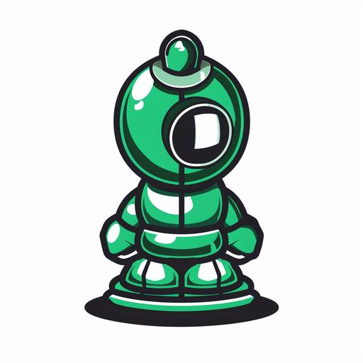 a white background with a green chess pawn character wearing diving gear looking determined like a super hero in the style of a twitch streamer logo
