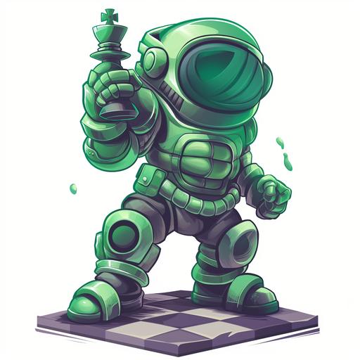 a white background with a green chess pawn character wearing diving gear who fights online game cheaters looking determined like a super hero in a heroic pose in the style of a twitch streamer logo --v 6.0