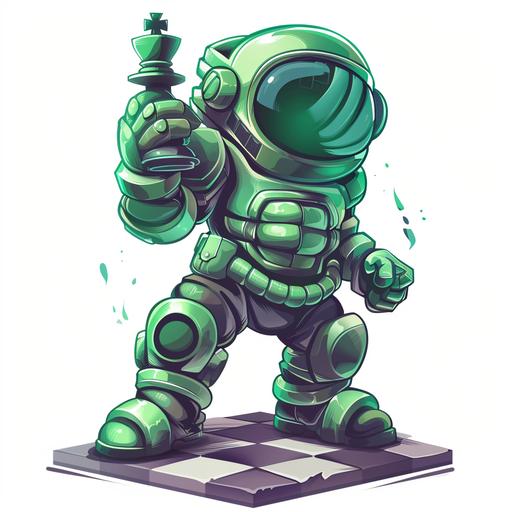 a white background with a green chess pawn character wearing diving gear who fights online game cheaters looking determined like a super hero in a heroic pose in the style of a twitch streamer logo