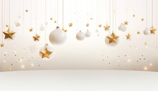 a white background with gold christmas ornaments and stars, in the style of paul corfield, detailed background elements --ar 64:37
