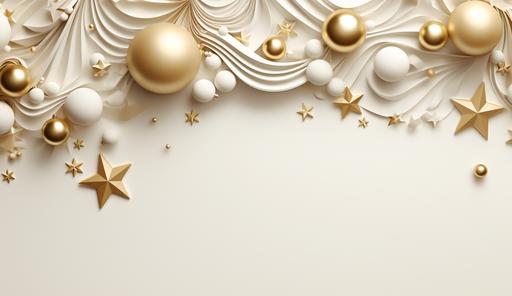 a white background with gold christmas ornaments and stars, in the style of paul corfield, detailed background elements --ar 64:37