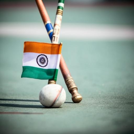 a white ball between two crossed hockey stick on a background of indian flag, award winning photo, 4k, --v 4 --stylise 500