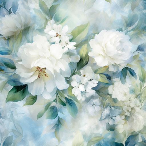 a white, blue and soft green floral pattern, in the style of nostalgic paintings, atmospheric color washes, photorealistic painting, romantic use of light, luxurious fabrics, wallpaper, romantic scenery