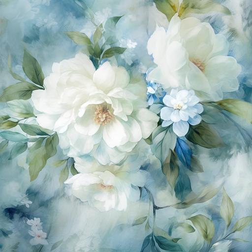 a white, blue and soft green floral pattern, in the style of nostalgic paintings, atmospheric color washes, photorealistic painting, romantic use of light, luxurious fabrics, wallpaper, romantic scenery