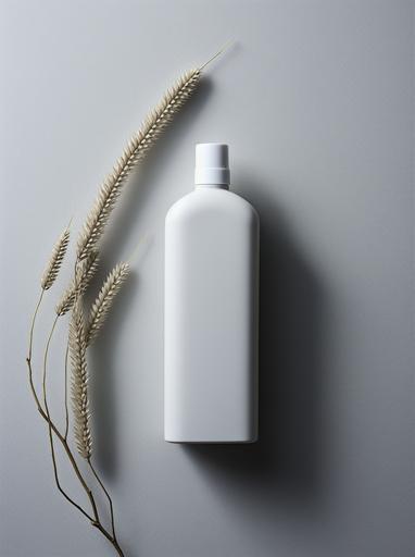 a white bottle of shampoo and under a tatting on a grey rug, in the style of industrial and product design, clean and streamlined, consumer culture critique, streamlined forms, sleek lines, plastic, minimalist beauty --ar 92:123