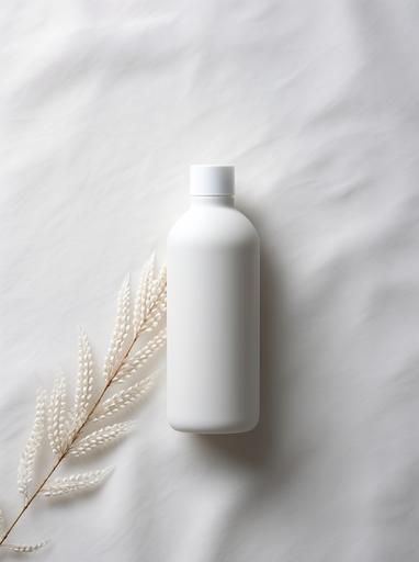 a white bottle of shampoo and under a tatting on a grey rug, in the style of industrial and product design, clean and streamlined, consumer culture critique, streamlined forms, sleek lines, plastic, minimalist beauty --ar 92:123
