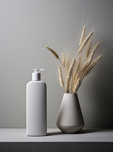 a white bottle of shampoo and wheat under a tatting on a grey rug, in the style of industrial and product design, clean and streamlined, consumer culture critique, streamlined forms, sleek lines, plastic, minimalist beauty --ar 92:123