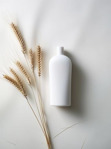 a white bottle of shampoo and wheat under a tatting on a grey rug, in the style of industrial and product design, clean and streamlined, consumer culture critique, streamlined forms, sleek lines, plastic, minimalist beauty --ar 92:123