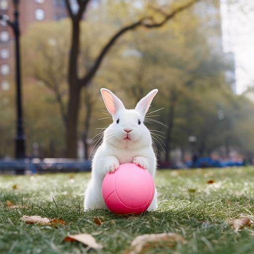 a white bunny with pink nose playing with a blue ball in central park new york
