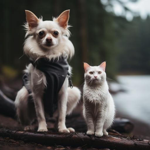 a white cat with black spot on face walks with a tan chihuahua in a drizzly PNW forest next to a lake