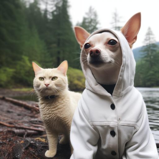 a white cat with black spot on face walks with a tan chihuahua in a drizzly PNW forest next to a lake