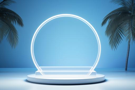 a white circular trophy stand in a blue background with palm tree, in the style of translucent geometries, minimalist backgrounds, minimalist stage designs --ar 128:85