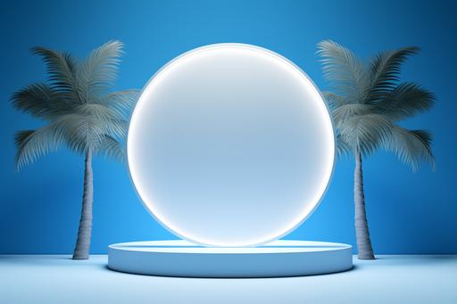 a white circular trophy stand in a blue background with palm tree, in the style of translucent geometries, minimalist backgrounds, minimalist stage designs --ar 128:85