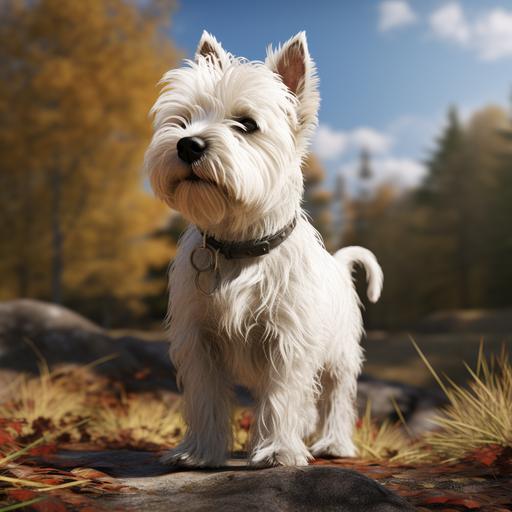 a white dog with black glass, west higland terrier. 8k photorealistic. ar 16:9