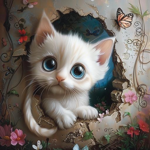 a white doll-like adorable cute kitten with round piercing blue eyes, looking through a hole in a wall with a magical fantasy background, with pretty colourful butterflies and flowers on the wall, pop surrealism, Anne Stokes