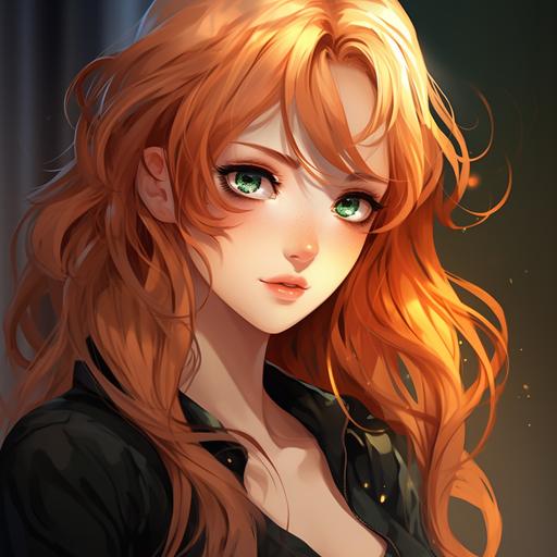 a white girl with green eyes, blonde-orange medium hair, piercing in the right side of the nose, with a black shirt, in anime style 2D