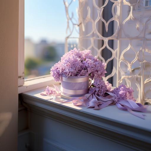 a white hat box with a bouquet of the most beautiful lilac flowers, there is a lid from the box next to it. The box is on the window, the shutters are open, the sky is blue outside the window, soft cinematic light, adobe lightroom, photolab, hdr, intricate, highly detailed, ((((depth of field)))) --s 250
