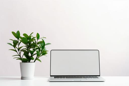 a white laptop and notebook with plant, in the style of post-minimalist, minimalist backgrounds, consumer culture critique, captivating, white and emerald, animated gifs, white background --ar 3:2