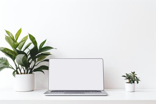 a white laptop and notebook with plant, in the style of post-minimalist, minimalist backgrounds, consumer culture critique, captivating, white and emerald, animated gifs, white background --ar 3:2