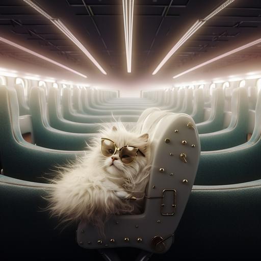 a white long hair cat with pilot glasses, lying on the cinema coach, a dreamy spaceship