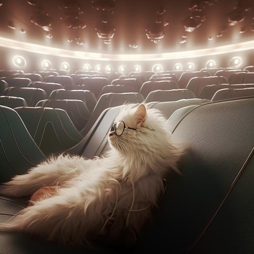 a white long hair cat with pilot glasses, lying on the cinema coach, a dreamy spaceship