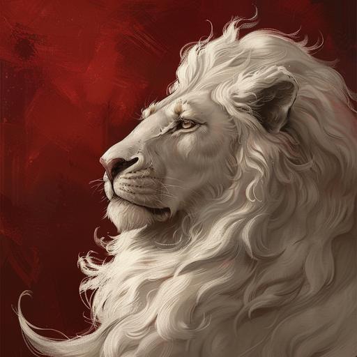 a white male lion draw, background: painted dark red, object colour: white