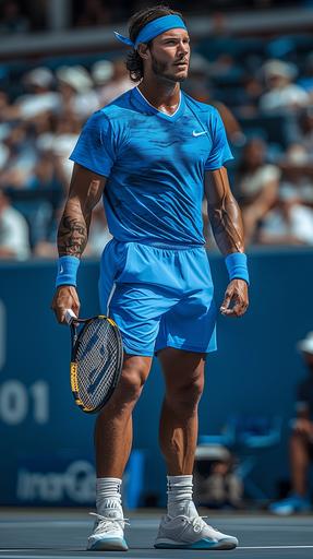 a white middle aged male, nba 2k players dressed in a tennis outfit, blue shirt, white shoes, tube socks, shot of his full body, holding tennis racket, happy face, headband, background is a royal blue tennis court --ar 9:16 --v 6.0 --s 750 --style raw