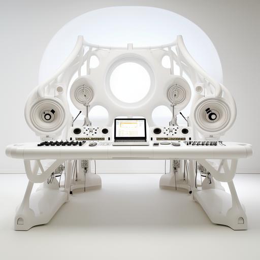 a white mixing and master music table in all white limbo space, hitech, realistic