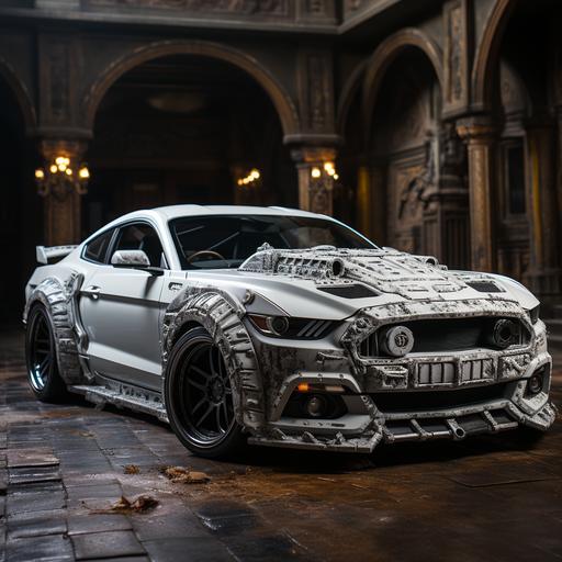 a white mustang model 2014, evil, hiper realistic --stylize 1000