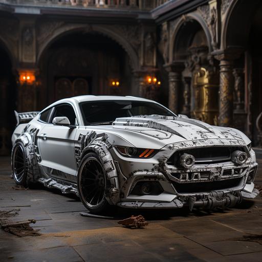 a white mustang model 2014, evil, hiper realistic --stylize 1000