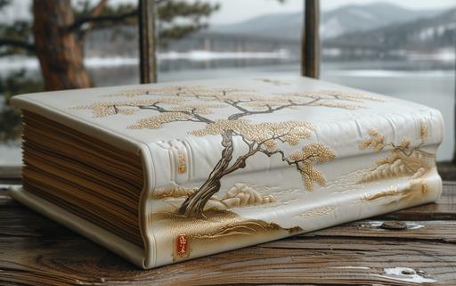 a white photo album cover embossed with a gold wisteria tree design on the front --ar 8:5 --s 750 --v 6.0