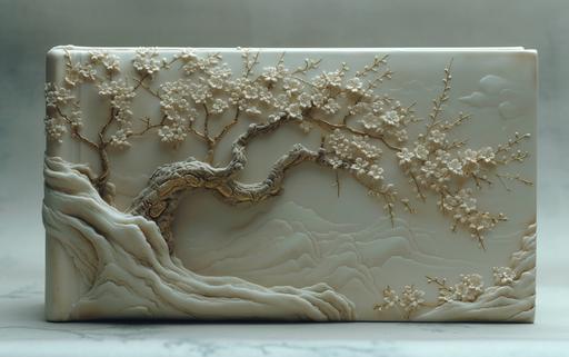 a white photo album cover embossed with a gold wisteria tree design on the front --ar 8:5 --s 750 --v 6.0