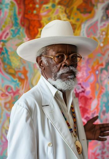 a white, round hat on the man, in the style of justin roiland, howardena pindell, faith ringgold, light turquoise, celebrity portraits with personality, grandparentcore, queer academia, holding something out to show us --ar 56:81