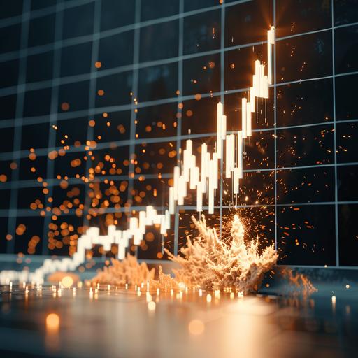 a white stock price chart on an easle where the price of the stock goes up and then goes down below the chart to the floor where a small explosion occurs