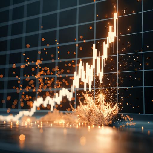 a white stock price chart on an easle where the price of the stock goes up and then goes down below the chart to the floor where a small explosion occurs --v 6.0