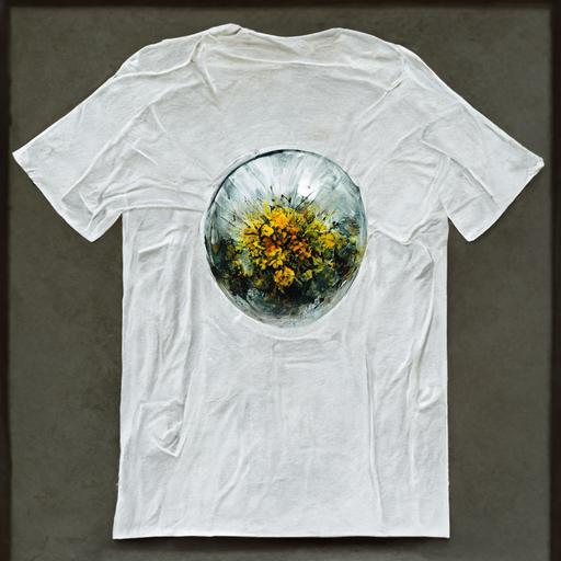 a white t-shirt with a picture of a glass sphere:: a white t-shirt with a picture of a round bunch of flowers