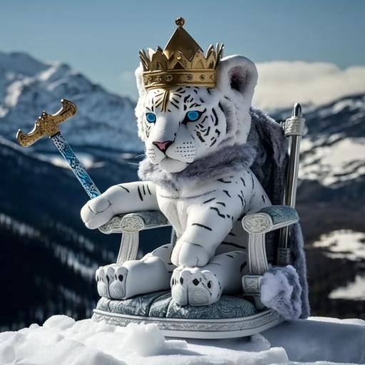 a white tiger soft toy wearing a crown sitting on a throne of skis in front of a mountain background.