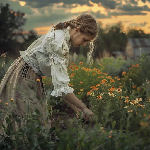 a white woman dressed as a Mennonite in the Wild West tending to her garden