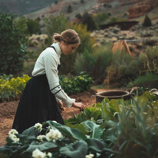 a white woman dressed as a Mennonite in the Wild West tending to her garden