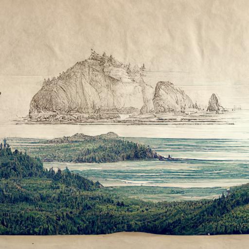 a wide-angle highly-detailed Pacific Northwest landscape drawn in pencil, coastal, dramatic, wallpaper