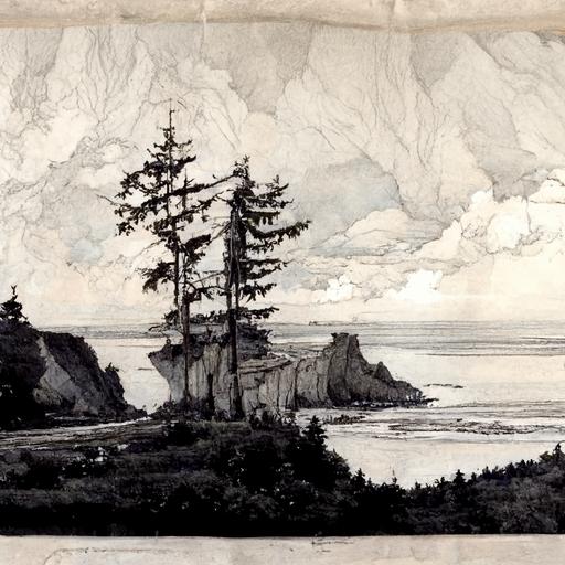 a wide-angle highly-detailed Pacific Northwest landscape drawn in pencil, coastal, dramatic, wallpaper