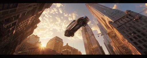a wide angle lens, highly photorealistic photographic movie still looking upwards at new york in early morning golden light, with a silver 2022 nissan qashqai levitating above the rooftops towards an under construction skyscraper in the distance --ar 5:2 --v 6.0