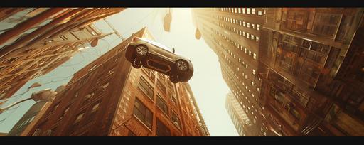 a wide angle lens, highly photorealistic photographic movie still looking upwards at an under construction skyscraper in new york in early morning golden light, with a silver 2022 nissan qashqai levitating above the rooftops towards it in the distance --ar 5:2 --v 6.0
