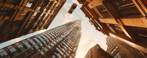 a wide angle lens, highly photorealistic photographic movie still looking upwards at an under construction skyscraper in london in early morning golden light, with a silver 2022 nissan qashqai levitating above the rooftops towards it in the distance --ar 5:2 --v 6.0