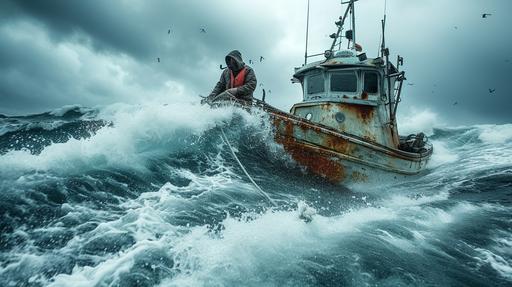 a wide angle photo of an old lobster boat being tossed by the waves of a wild storm, an old grizzled fisherman stands on the front of the boat pulling a rope and smoking a pipe, --ar 16:9 --v 6.0 --s 250 --style raw