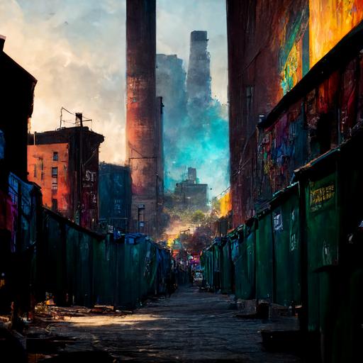 a wide littered Brooklyn alley, metal garbage cans, beautiful graffiti, Brooklyn urban cityscape in the background, isometrics , cinematic lighting, octane render, 3-d art