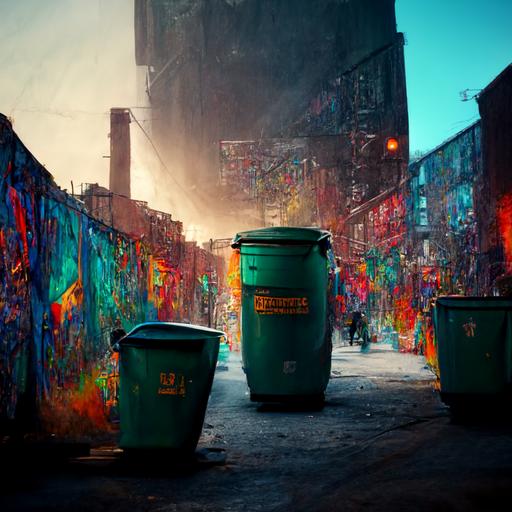 a wide littered Brooklyn alley, metal garbage cans, beautiful graffiti, Brooklyn urban cityscape in the background, isometrics , cinematic lighting, octane render, 3-d art