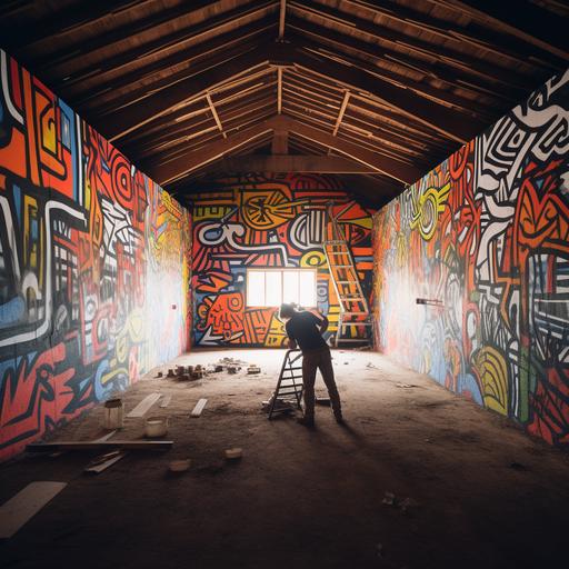 a wide shot of a countryside setting showing a farmer painting the inside walls of a barn with a paint roller. The inside walls are covered in Keith Haring art work