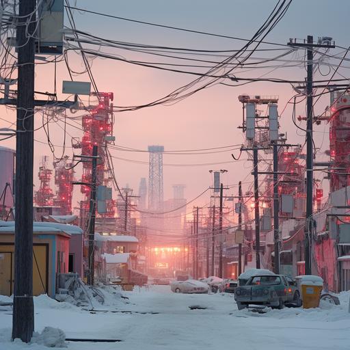 a windswept and dystopian megalopolis in Northern Canada, bullet trains and neon signs, hyper capitalism.